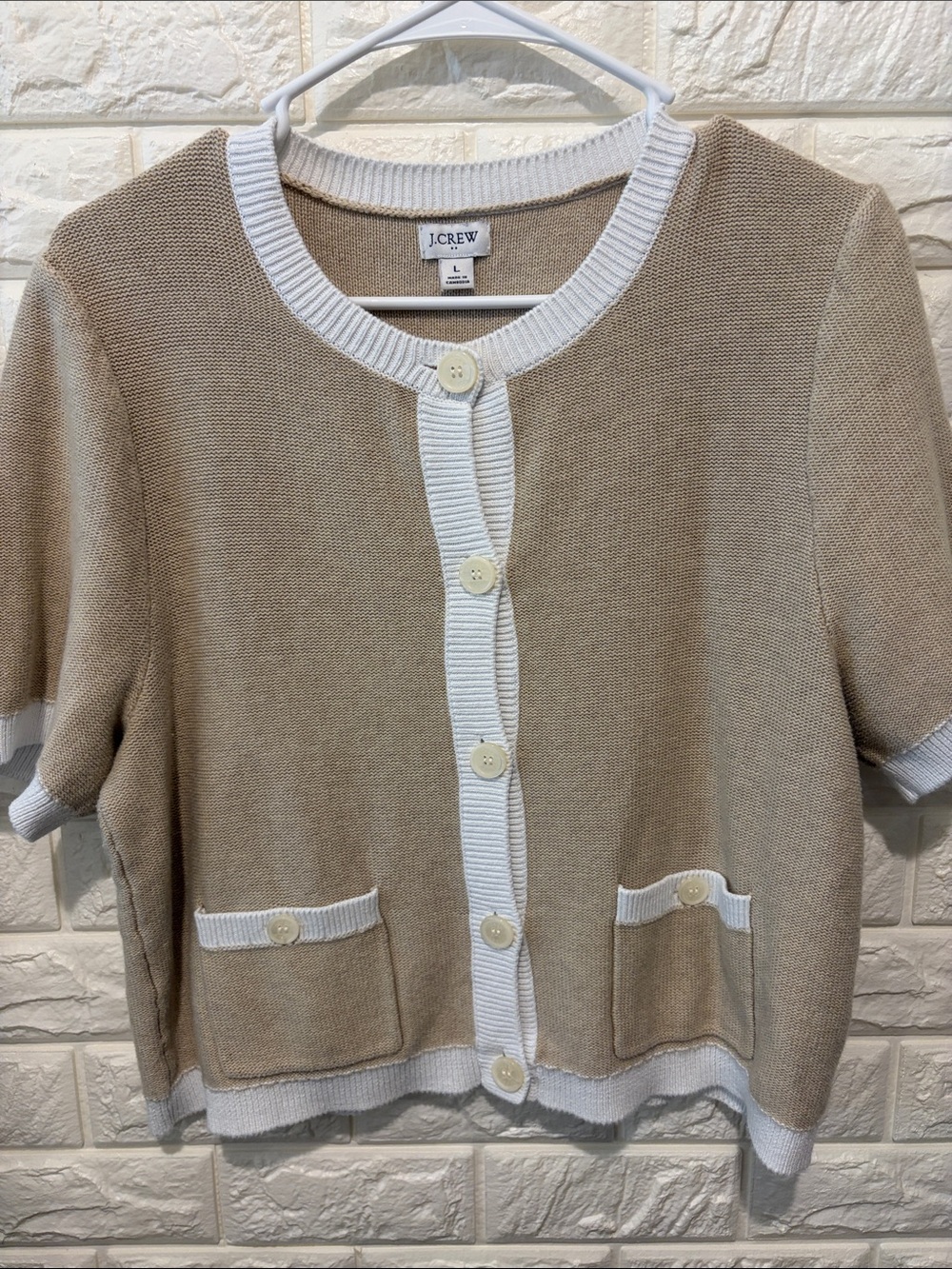 J. Crew Beige and White Short Sleeve Button Cardigan